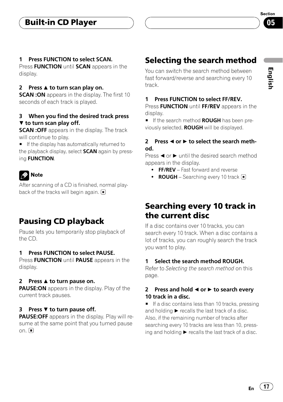 Disc 17, Pausing cd playback, Selecting the search method | Searching every10 track in the current disc, Built-in cd player | Pioneer DEH-P5500MP User Manual | Page 17 / 160