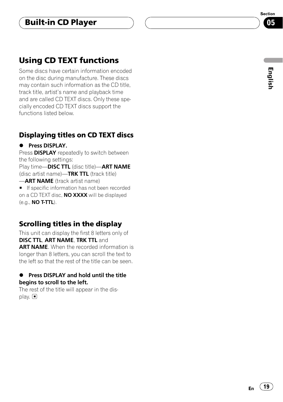 Using cd text functions 19, Displaying titles on cd text, Discs 19 | Scrolling titles in the display 19, Using cd text functions, Built-in cd player | Pioneer DEH-P5500MP User Manual | Page 19 / 160