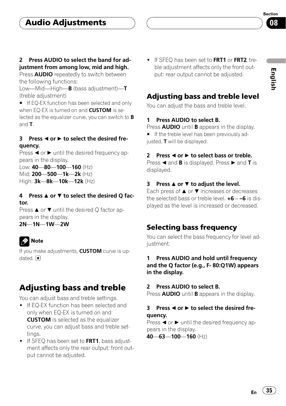 Adjusting bass and treble 35, Adjusting bass and treble level 35, Selecting bass frequency 35 | Adjusting bass and treble, Audio adjustments, Adjusting bass and treble level, Selecting bass frequency | Pioneer DEH-P5500MP User Manual | Page 35 / 160