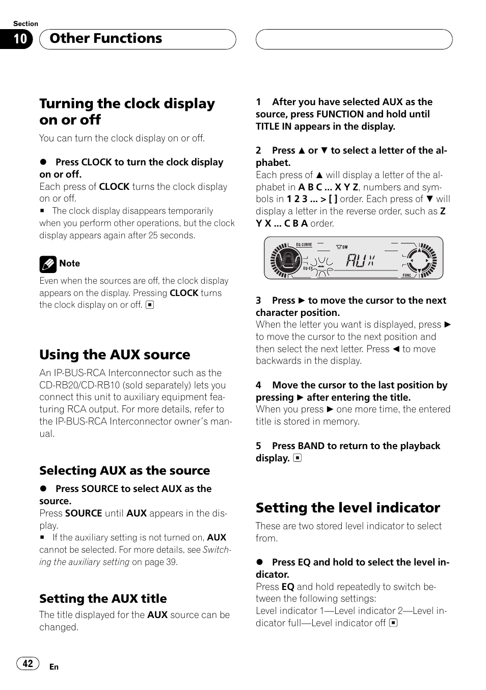 Selecting aux as the source 42, Setting the aux title 42, Setting the level indicator 42 | Turning the clock display on or off, Using the aux source, Setting the level indicator, Other functions | Pioneer DEH-P5500MP User Manual | Page 42 / 160