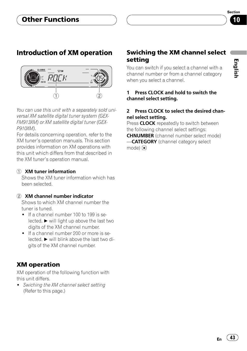 Introduction of xmoperation 43, Xmoperation 43, Swiching the xmchannel select | Setting 43, Introduction of xm operation, Other functions | Pioneer DEH-P5500MP User Manual | Page 43 / 160