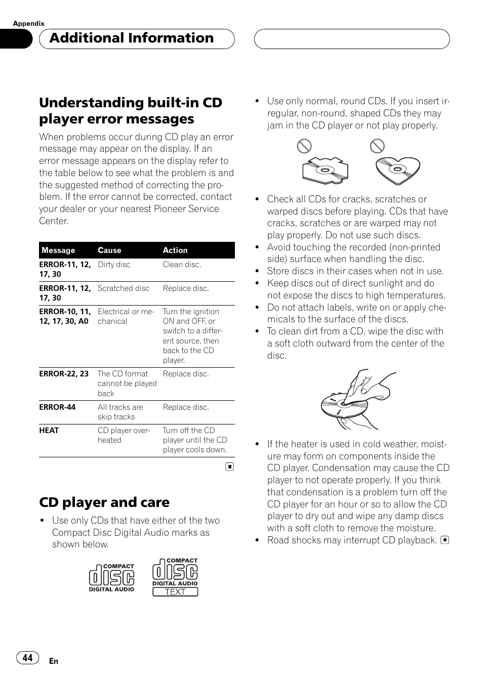 Messages 44, Cd player and care 44, Understanding built-in cd player error messages | Cd player and care, Additional information | Pioneer DEH-P5500MP User Manual | Page 44 / 160