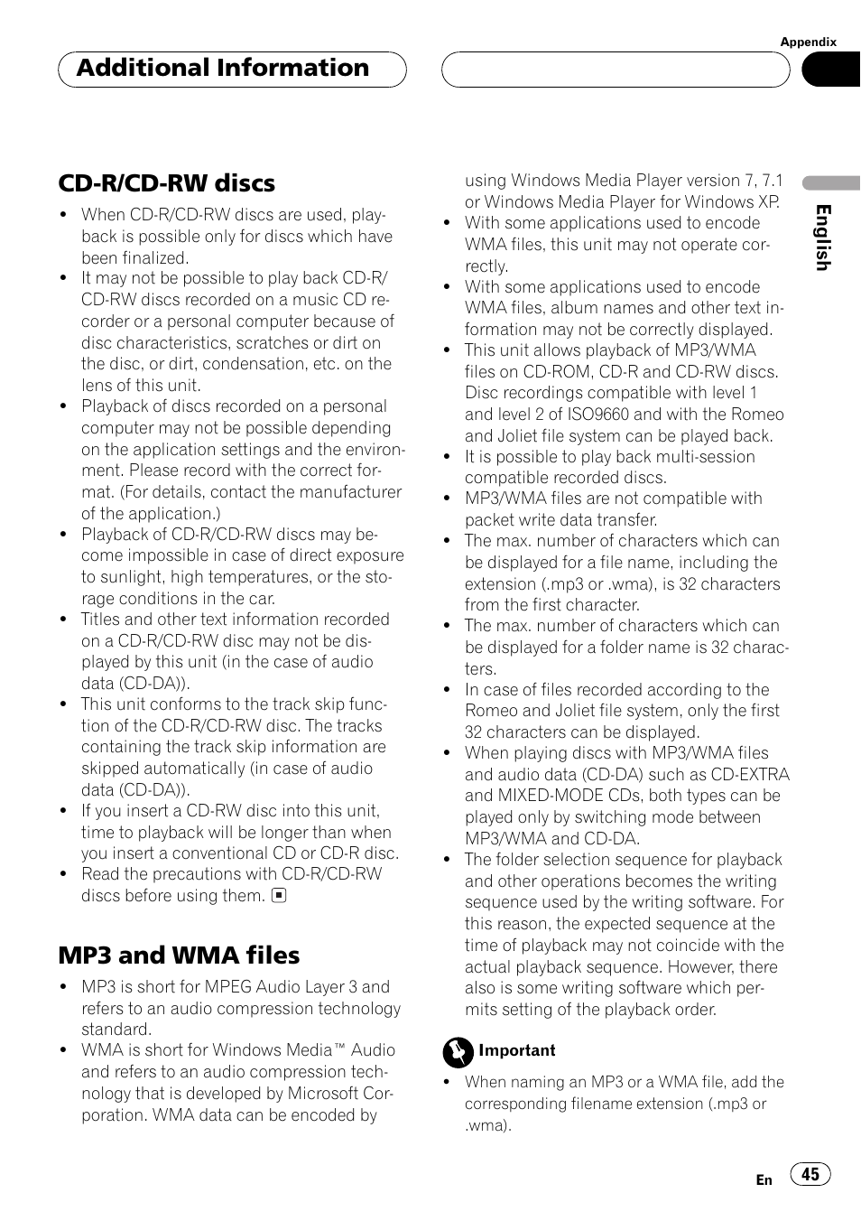 Cd-r/cd-rw discs 45 mp3 and wma files 45, Cd-r/cd-rw discs, Mp3 and wma files | Additional information | Pioneer DEH-P5500MP User Manual | Page 45 / 160