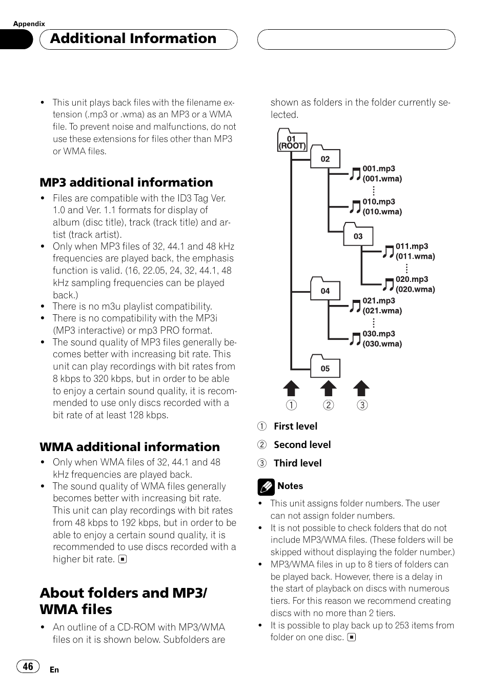 Mp3 additional information 46, Wma additional information 46, About folders and mp3/wma files 46 | About folders and mp3/ wma files, Additional information, Mp3 additional information, Wma additional information | Pioneer DEH-P5500MP User Manual | Page 46 / 160