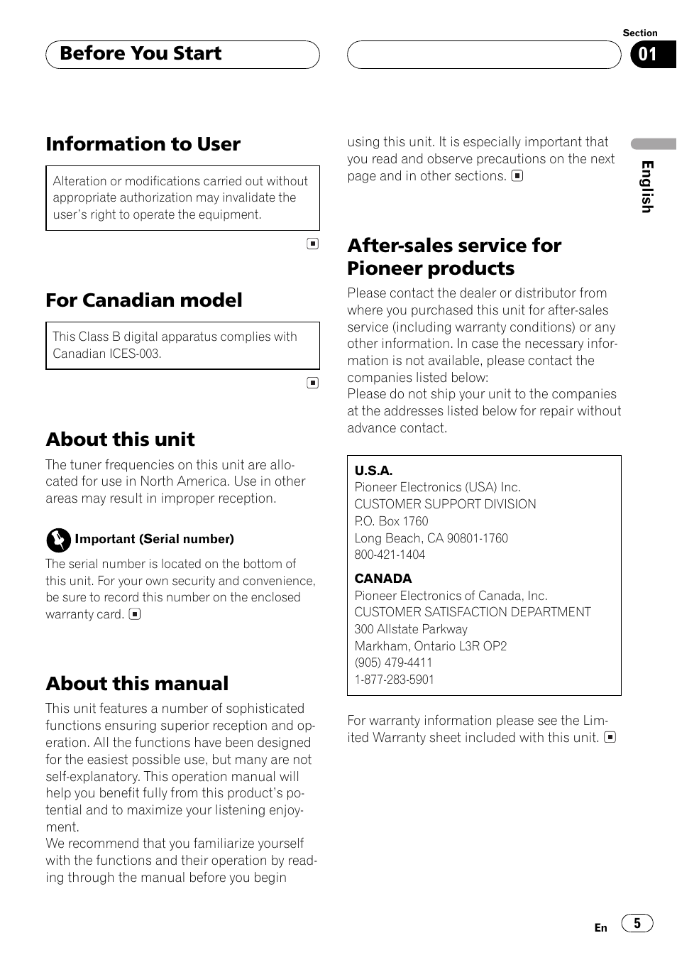 Information to user, For canadian model, About this unit | About this manual, After-sales service for pioneer products, Before you start | Pioneer DEH-P5500MP User Manual | Page 5 / 160