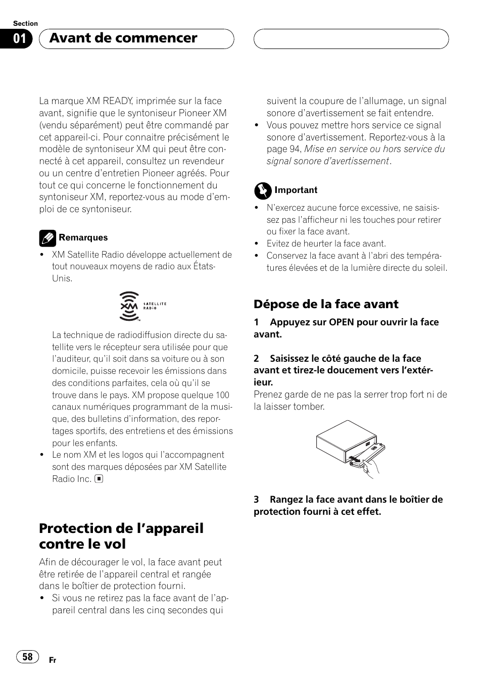 Protection de lappareil contre le vol 58, Dépose de la face avant 58, Protection de lappareil contre le vol | Avant de commencer, Dépose de la face avant | Pioneer DEH-P5500MP User Manual | Page 58 / 160