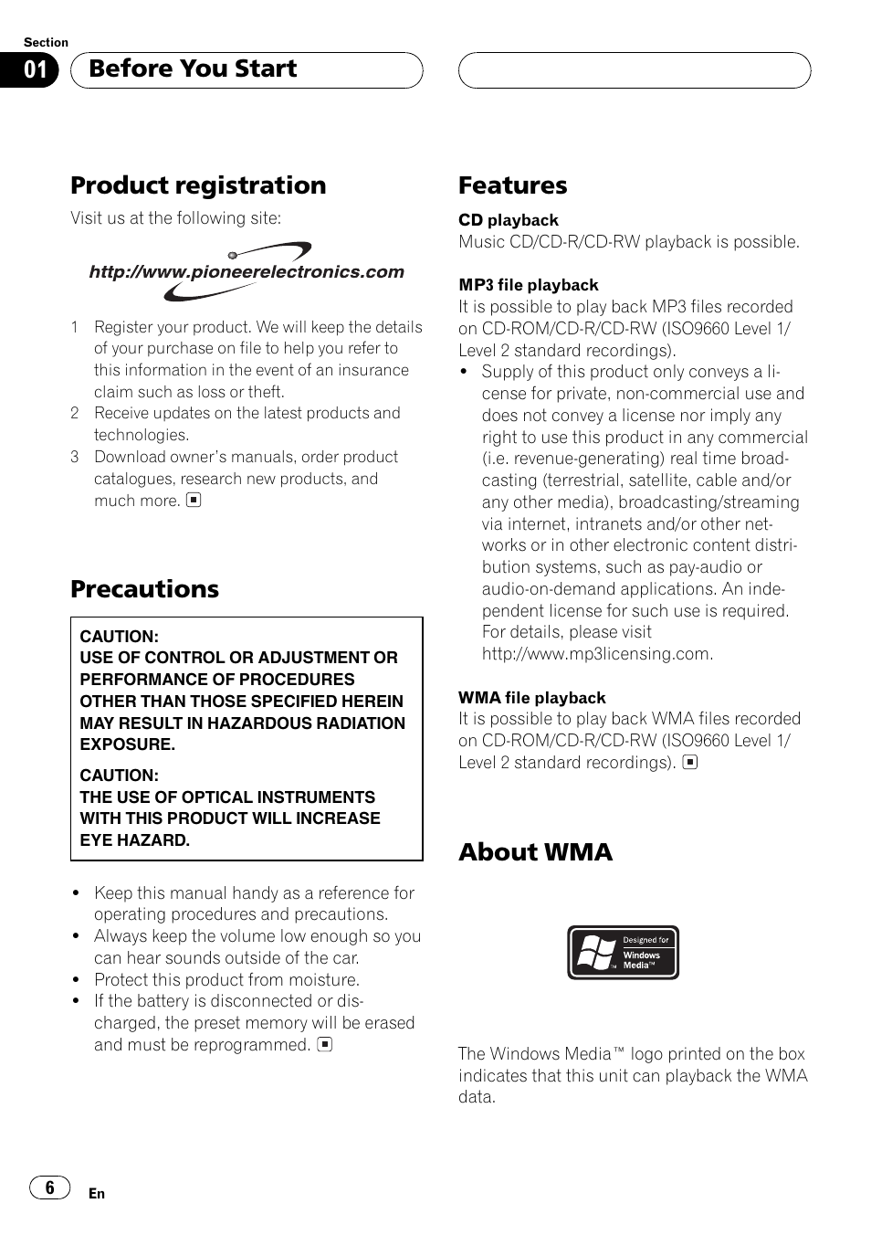 Product registration, Precautions, Features | About wma, Before you start | Pioneer DEH-P5500MP User Manual | Page 6 / 160