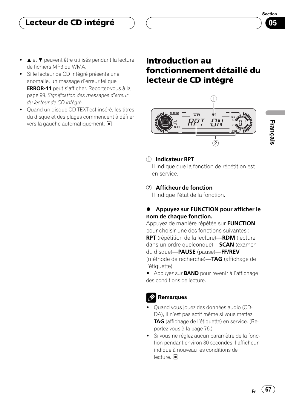 Introduction au fonctionnement détaillé du, Lecteur de cd intégré 67, Lecteur de cd intégré | Pioneer DEH-P5500MP User Manual | Page 67 / 160