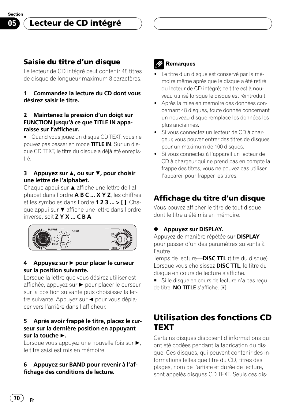 Saisie du titre dun disque 70, Affichage du titre dun disque 70, Utilisation des fonctions cd text 70 | Utilisation des fonctions cd text, Lecteur de cd intégré, Saisie du titre dun disque, Affichage du titre dun disque | Pioneer DEH-P5500MP User Manual | Page 70 / 160