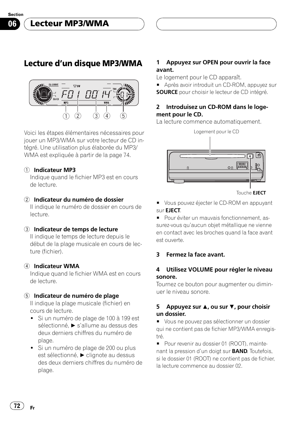 Lecteur mp3/wma, Lecture dun disque mp3/wma 72, Lecture dun disque mp3/wma | Pioneer DEH-P5500MP User Manual | Page 72 / 160