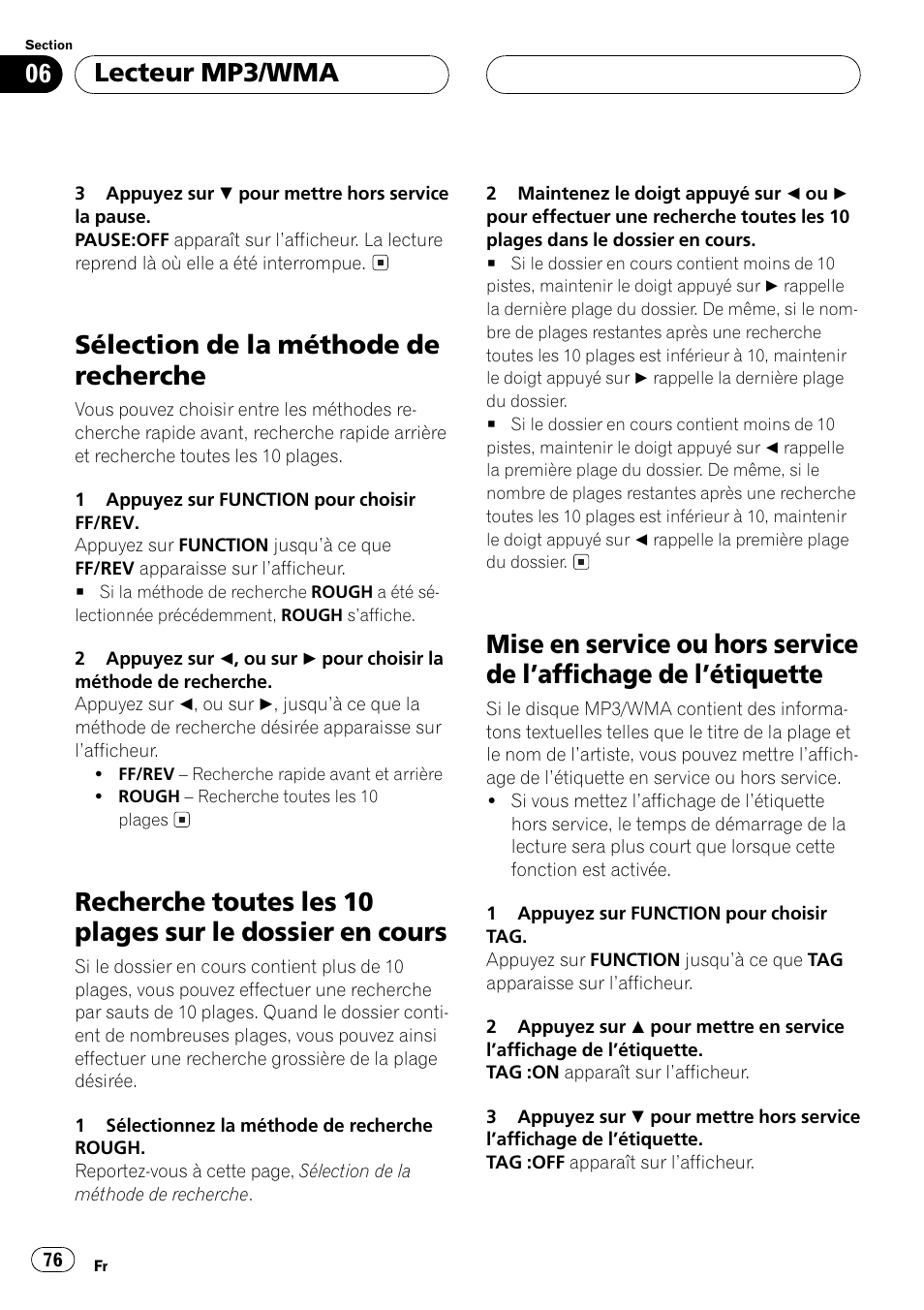 Sélection de la méthode de recherche 76, Recherche toutes les 10 plages sur le dossier, En cours 76 | Mise en service ou hors service de laffichage, De létiquette 76, Sélection de la méthode de recherche, Lecteur mp3/wma | Pioneer DEH-P5500MP User Manual | Page 76 / 160