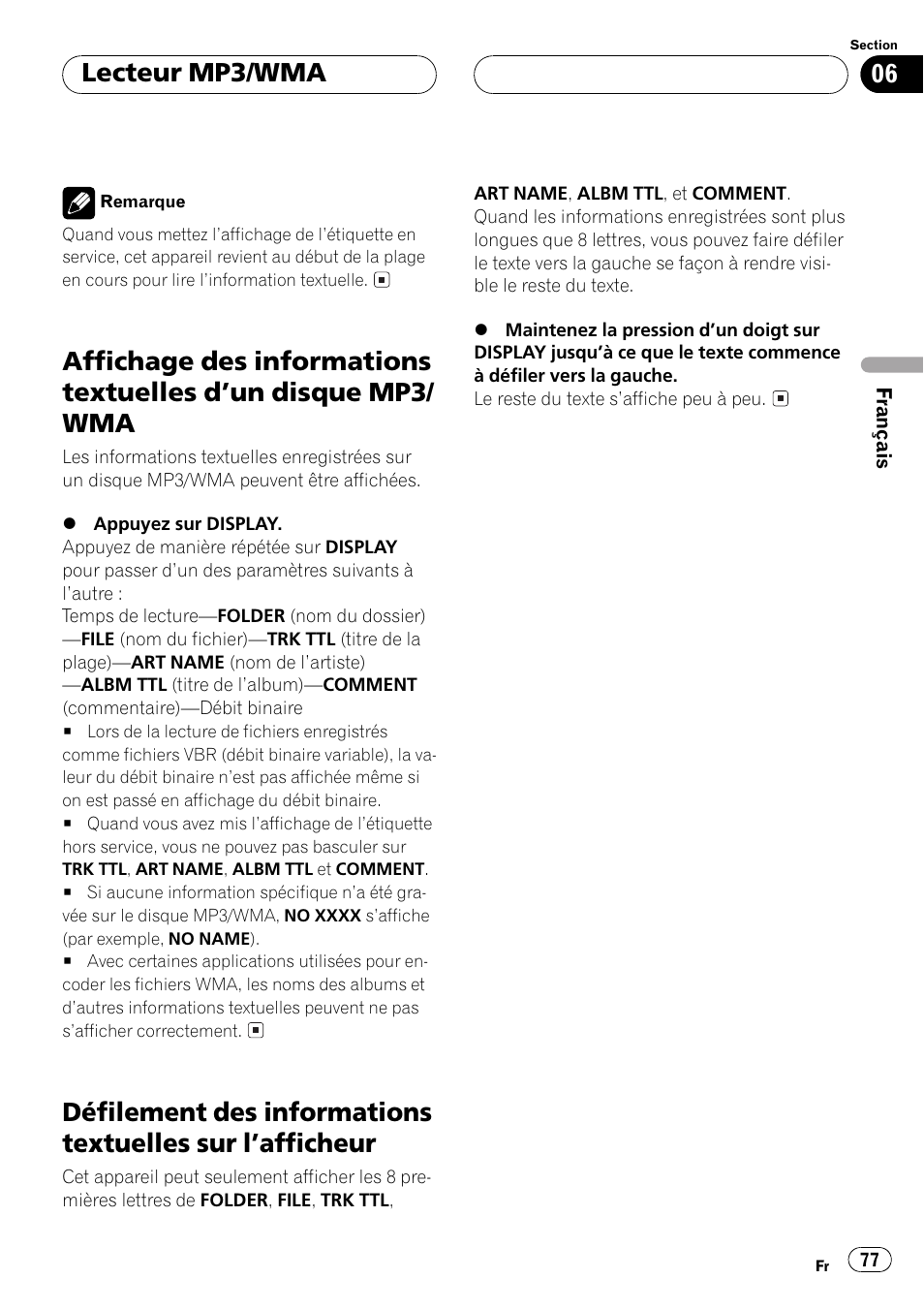 Affichage des informations textuelles dun, Disque mp3/wma 77, Défilement des informations textuelles sur | Lafficheur 77, Lecteur mp3/wma | Pioneer DEH-P5500MP User Manual | Page 77 / 160