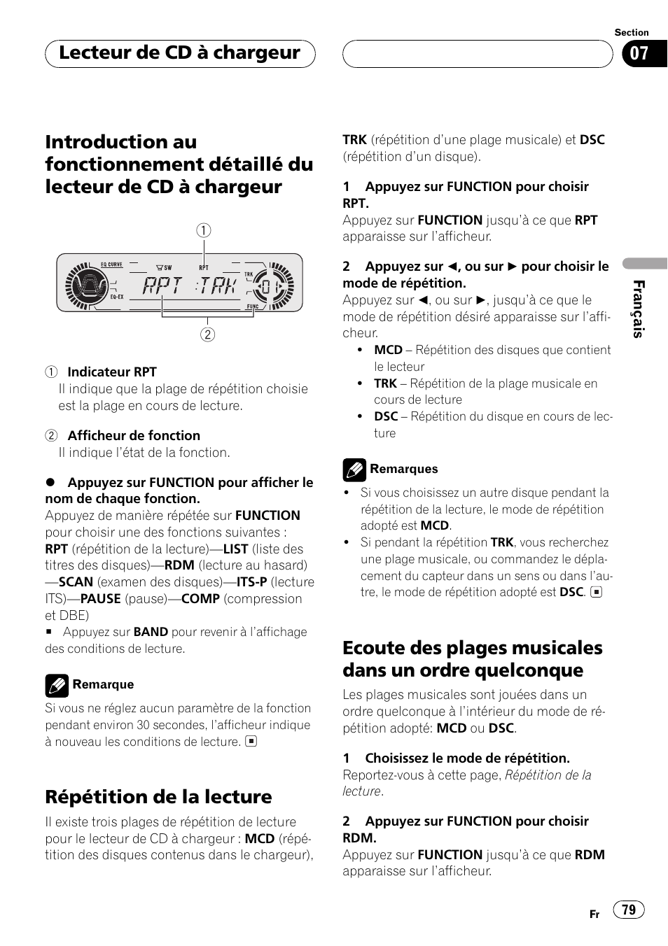 Introduction au fonctionnement détaillé du, Lecteur de cd à chargeur 79, Répétition de la lecture 79 | Ecoute des plages musicales dans un ordre, Quelconque 79, Répétition de la lecture, Lecteur de cd à chargeur | Pioneer DEH-P5500MP User Manual | Page 79 / 160