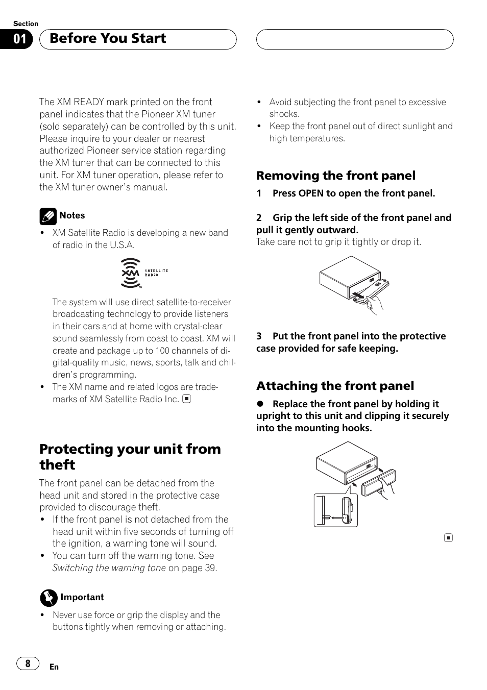Protecting your unit from theft 8, Removing the front panel 8, Attaching the front panel 8 | Protecting your unit from theft, Before you start, Removing the front panel, Attaching the front panel | Pioneer DEH-P5500MP User Manual | Page 8 / 160
