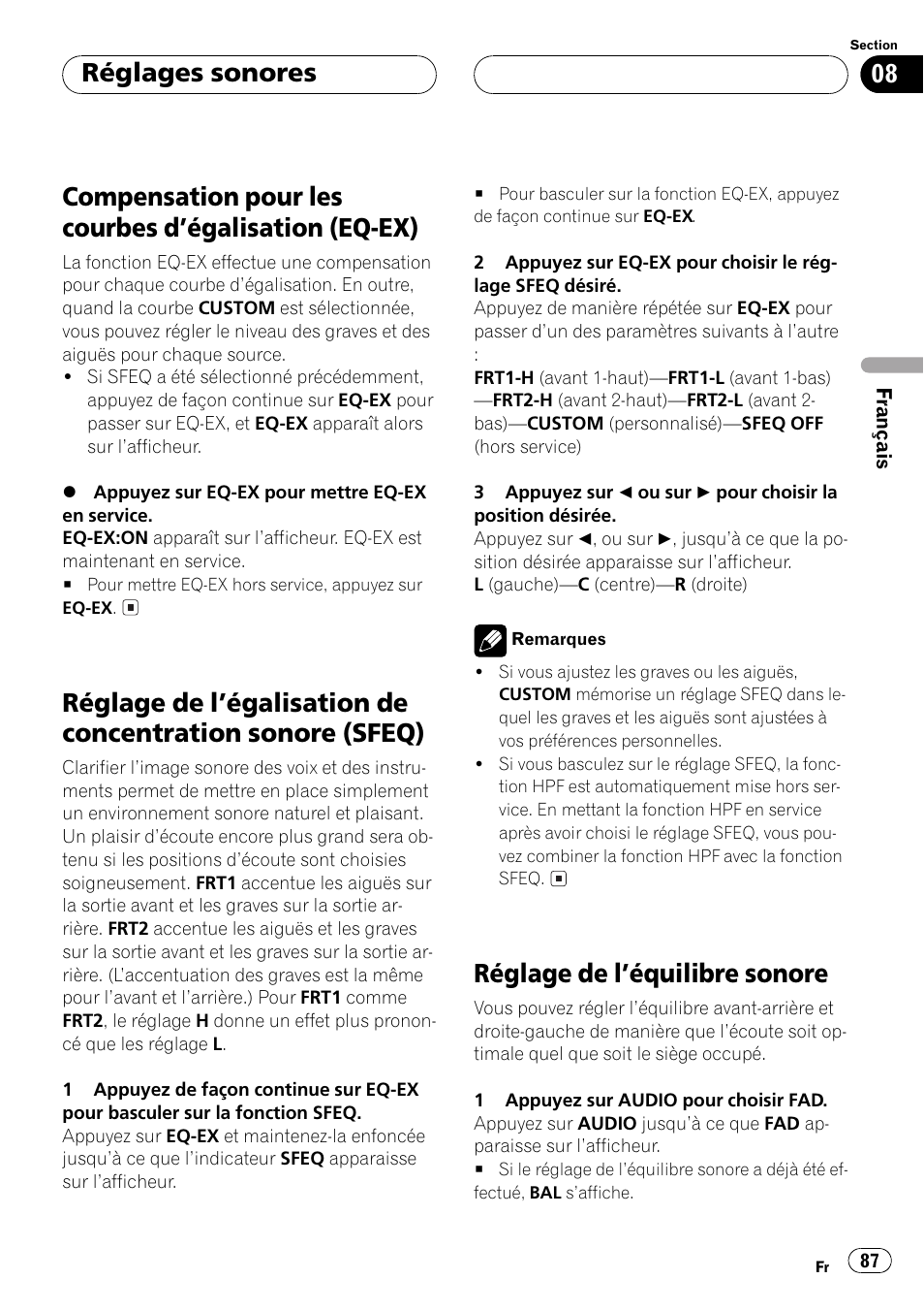 Compensation pour les courbes dégalisation, Eq-ex) 87, Réglage de légalisation de concentration | Sonore (sfeq) 87, Réglage de léquilibre sonore 87, Réglage de léquilibre sonore, Réglages sonores | Pioneer DEH-P5500MP User Manual | Page 87 / 160