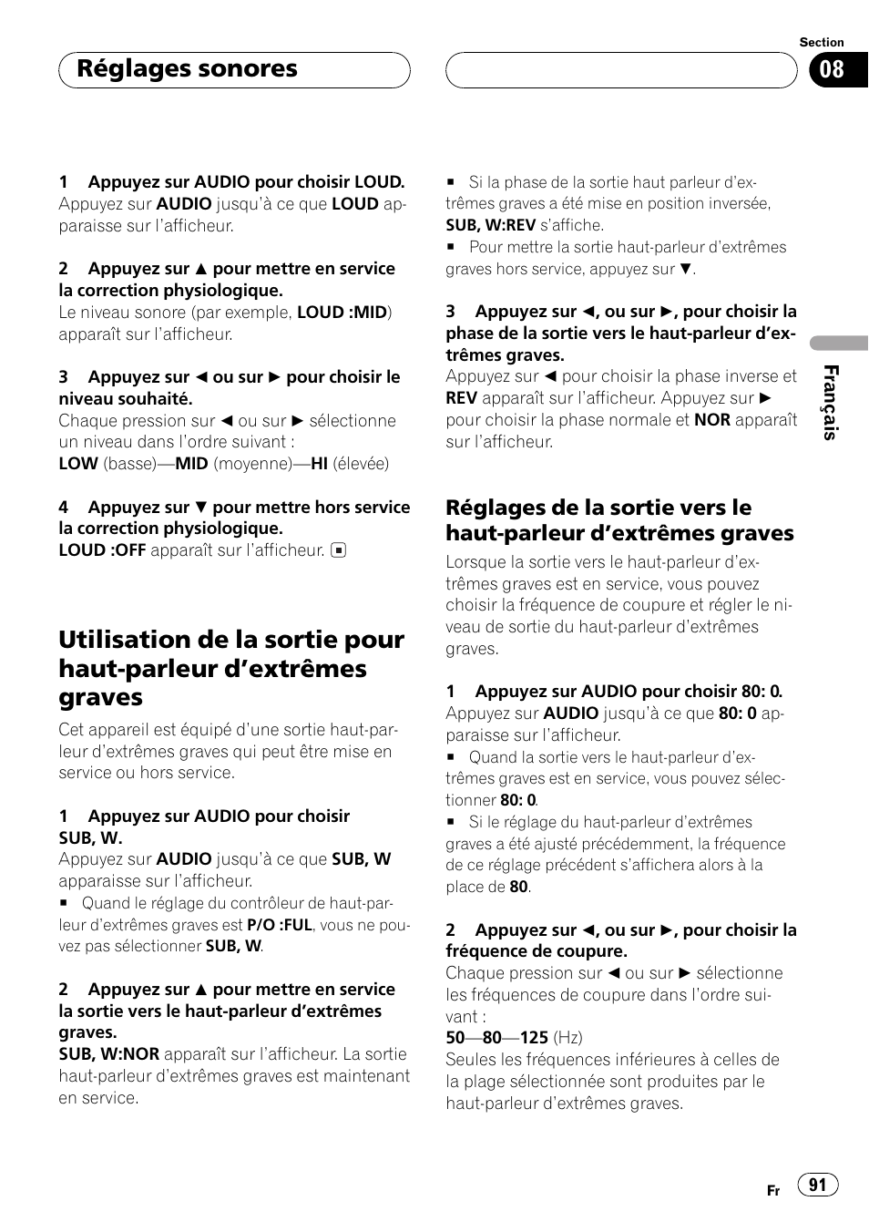 Utilisation de la sortie pour haut-parleur, Dextrêmes graves 91, Réglages de la sortie vers le haut | Parleur dextrêmes graves 91, Réglages sonores | Pioneer DEH-P5500MP User Manual | Page 91 / 160