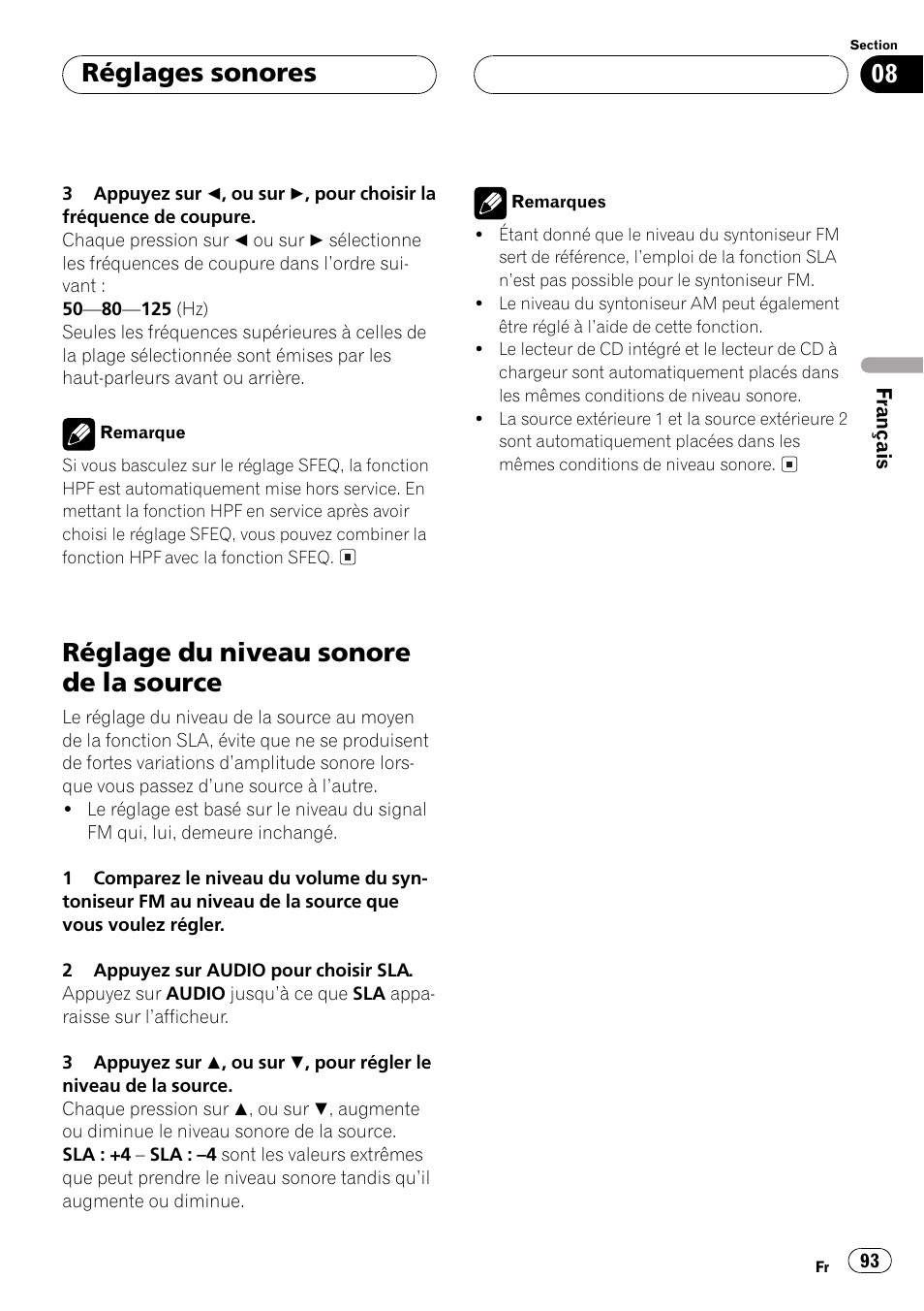 Réglage du niveau sonore de la source 93, Réglage du niveau sonore de la source, Réglages sonores | Pioneer DEH-P5500MP User Manual | Page 93 / 160