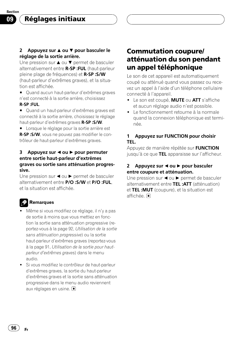 Commutation coupure/atténuation du son, Pendant un appel téléphonique 96, Réglages initiaux | Pioneer DEH-P5500MP User Manual | Page 96 / 160