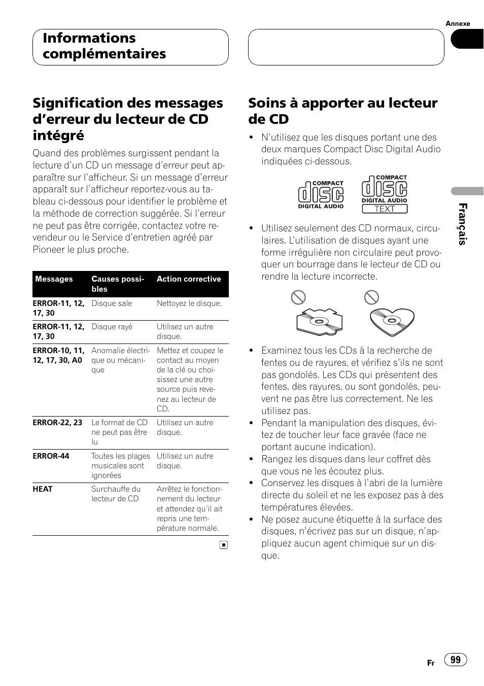 Informations complémentaires, Signification des messages derreur du, Lecteur de cd intégré 99 | Soins à apporter au lecteur de cd 99, Soins à apporter au lecteur de cd | Pioneer DEH-P5500MP User Manual | Page 99 / 160