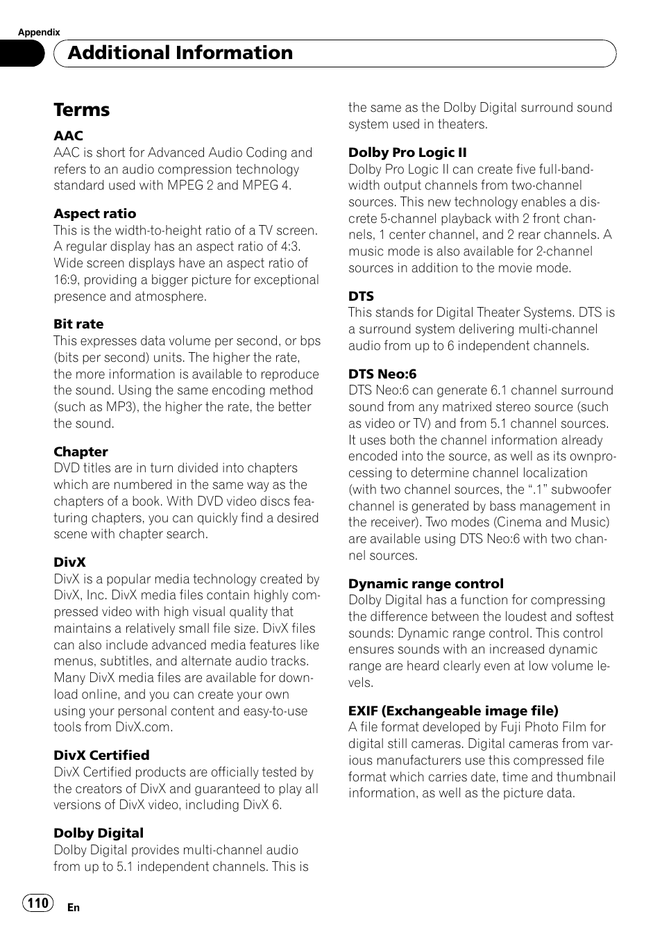Terms, Additional information | Pioneer AVH-P4100DVD User Manual | Page 110 / 116