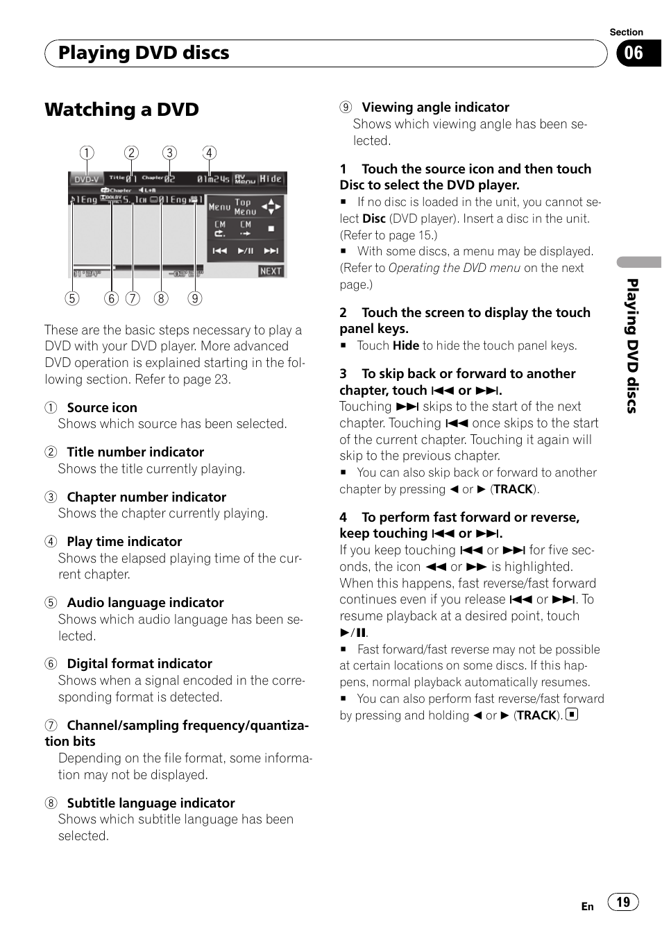 Playing dvd discs watching a dvd, Watching a dvd, Playing dvd discs | Pioneer AVH-P4100DVD User Manual | Page 19 / 116