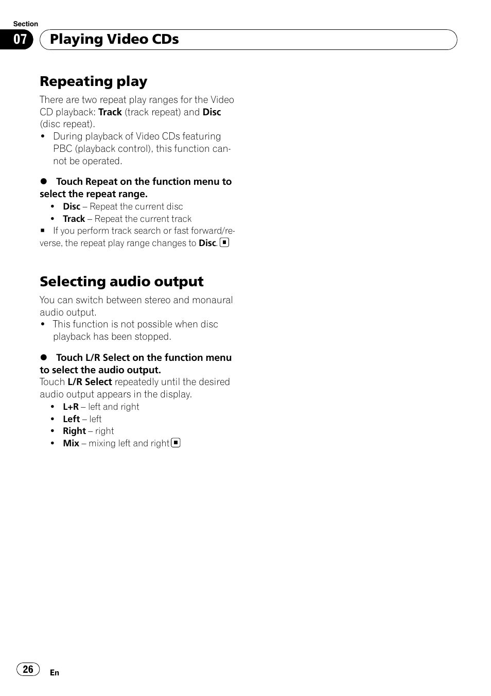 Repeating play, Selecting audio output, Playing video cds | Pioneer AVH-P4100DVD User Manual | Page 26 / 116