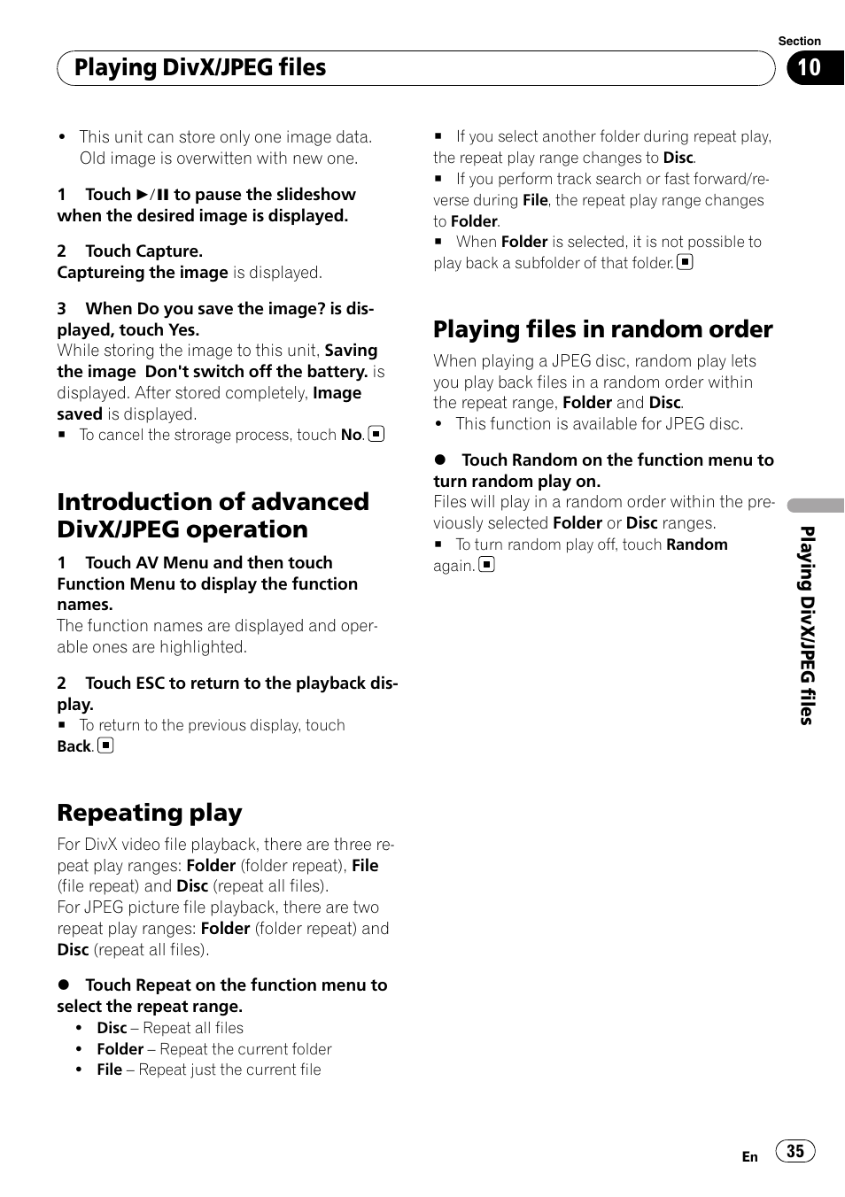 Introduction of advanced divx/jpeg, Operation, Repeating play | Playing files in random order, Introduction of advanced divx/jpeg operation, Playing divx/jpeg files | Pioneer AVH-P4100DVD User Manual | Page 35 / 116
