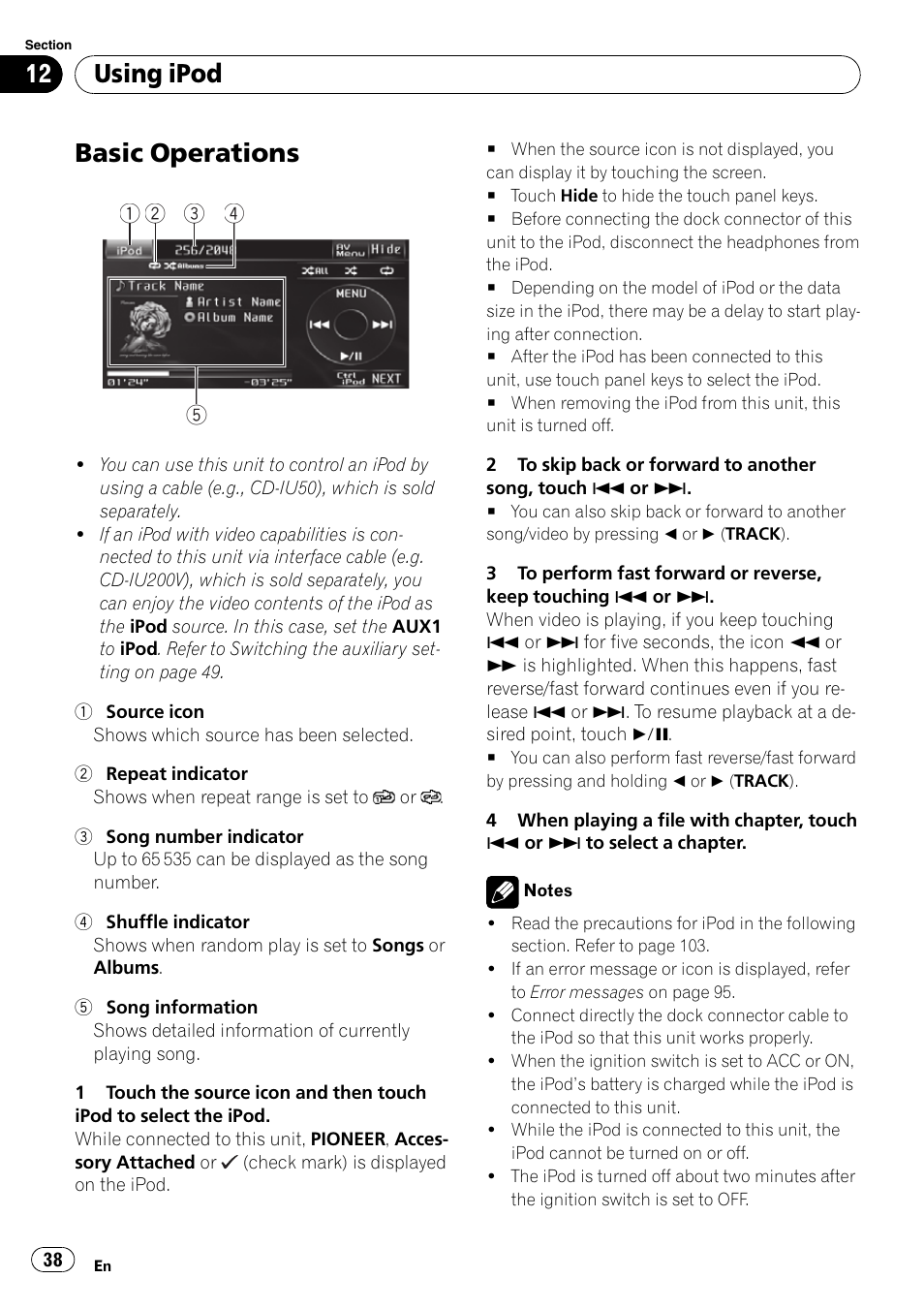 Using ipod basic operations, Basic operations, Using ipod | Pioneer AVH-P4100DVD User Manual | Page 38 / 116