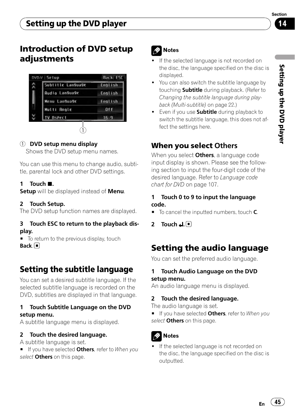 Setting the subtitle language, Setting the audio language, Introduction of dvd setup adjustments | Setting up the dvd player, When you select others | Pioneer AVH-P4100DVD User Manual | Page 45 / 116