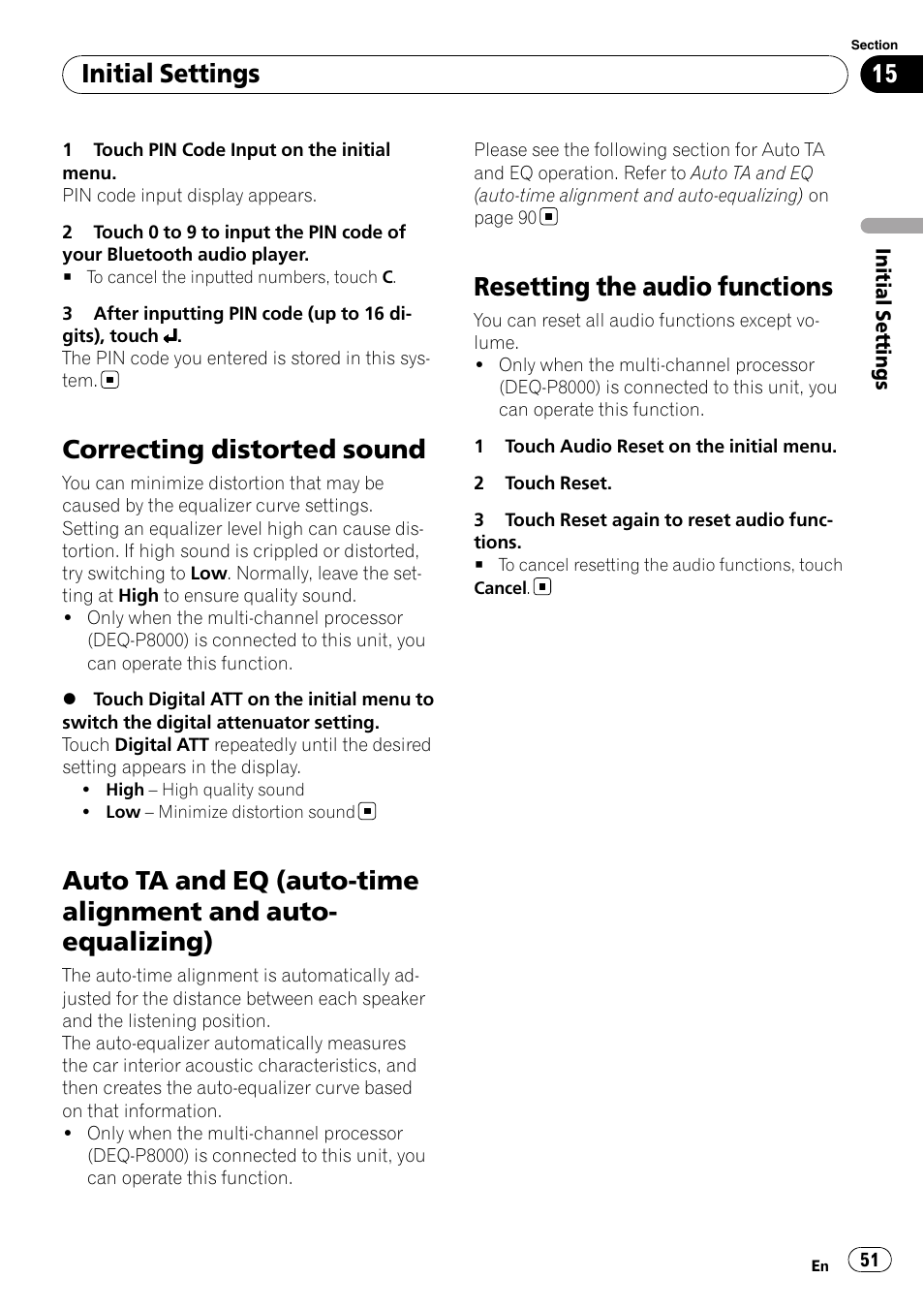 Correcting distorted sound, Auto ta and eq (auto-time alignment and, Auto-equalizing) | Resetting the audio functions, Initial settings | Pioneer AVH-P4100DVD User Manual | Page 51 / 116