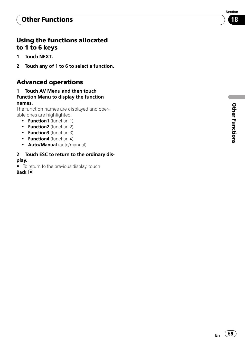 Other functions, Using the functions allocated to 1 to 6 keys, Advanced operations | Pioneer AVH-P4100DVD User Manual | Page 59 / 116