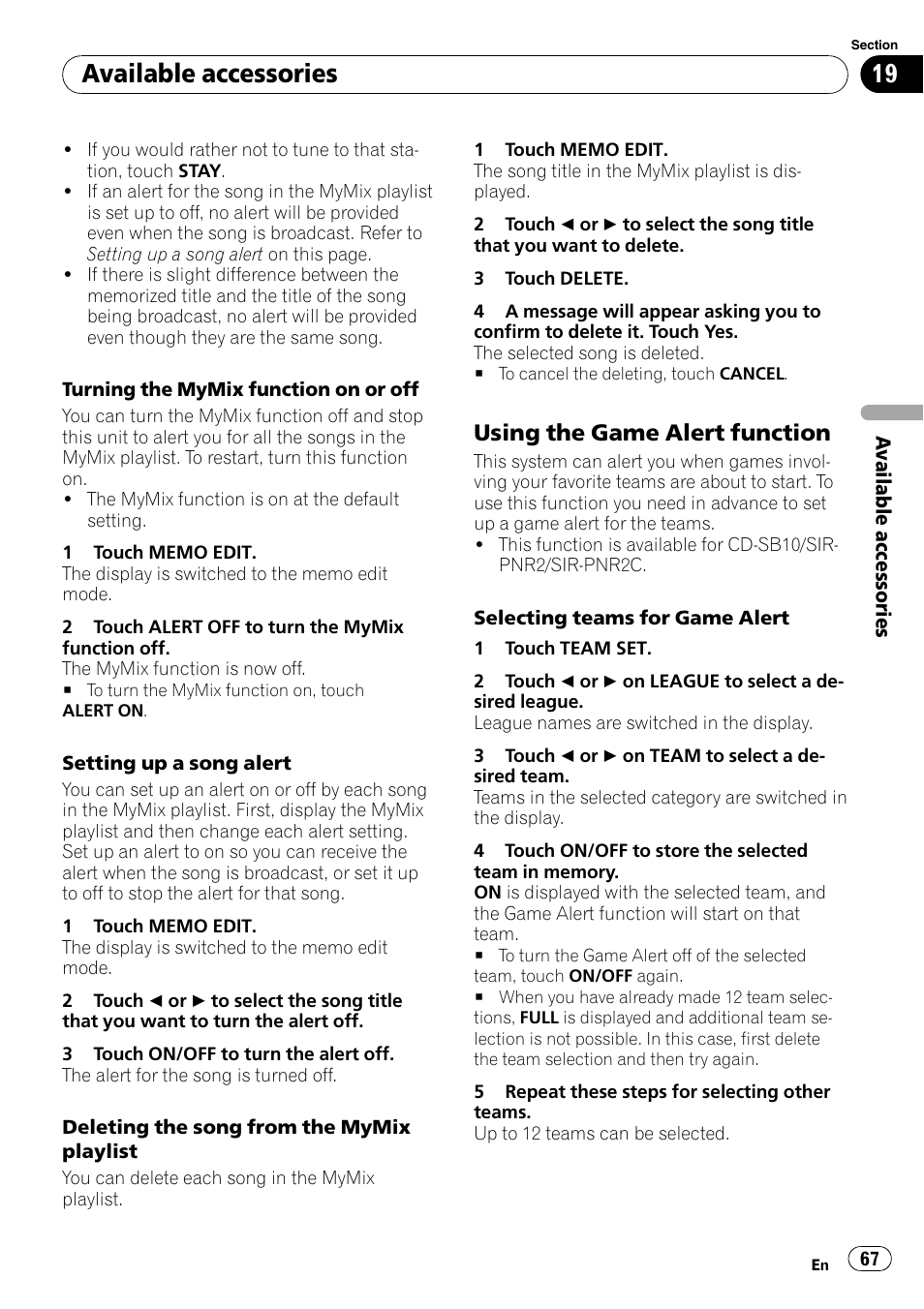 Available accessories, Using the game alert function | Pioneer AVH-P4100DVD User Manual | Page 67 / 116