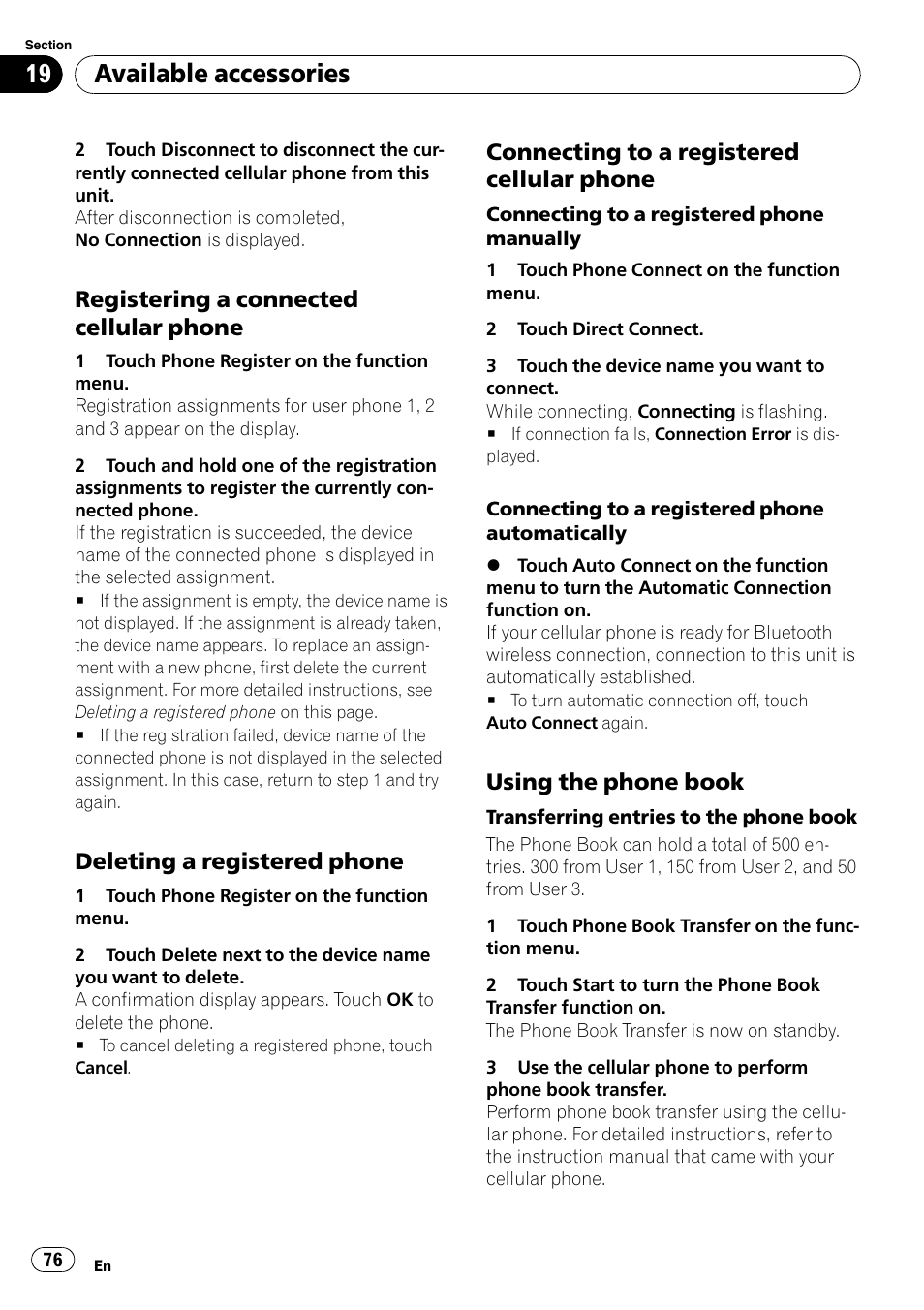 Available accessories, Registering a connected cellular phone, Deleting a registered phone | Connecting to a registered cellular phone, Using the phone book | Pioneer AVH-P4100DVD User Manual | Page 76 / 116