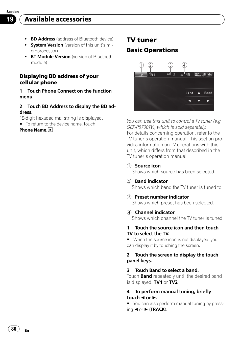 Tv tuner, Available accessories | Pioneer AVH-P4100DVD User Manual | Page 80 / 116