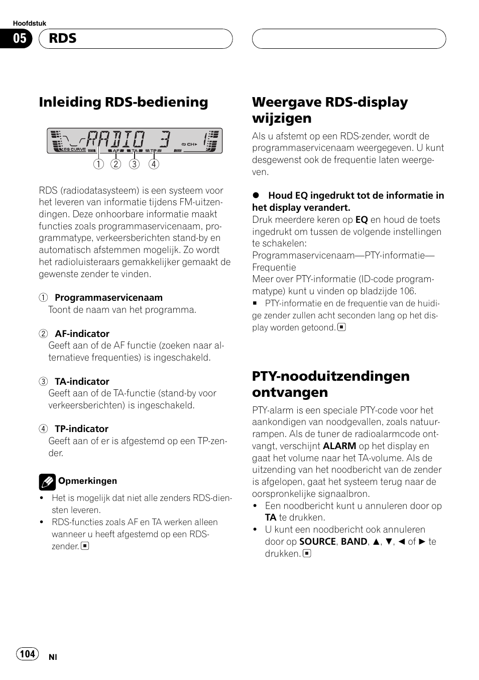 Inleiding rds-bediening 104, Weergave rds-display wijzigen 104, Pty-nooduitzendingen ontvangen 104 | Inleiding rds-bediening, Weergave rds-display wijzigen, Pty-nooduitzendingen ontvangen | Pioneer DEH-2700RB User Manual | Page 104 / 116