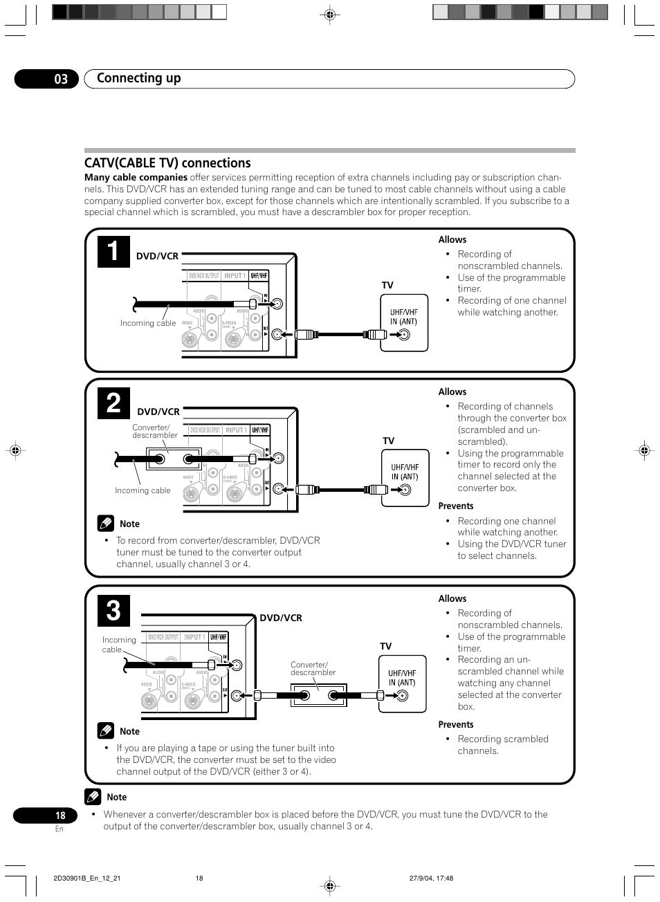 Catv (cable tv) connections, Connecting up 03, Catv(cable tv) connections | Pioneer dvr-rt500 User Manual | Page 18 / 91