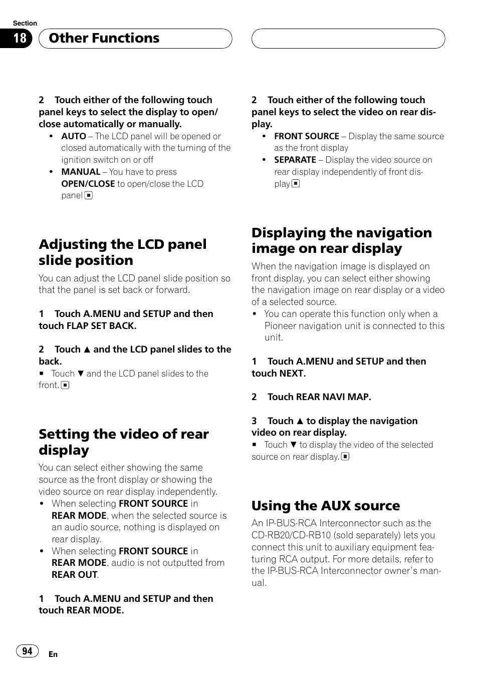 Display 94, Using the aux source 94, Setting the video of rear display on | Adjusting the lcd panel slide position, Setting the video of rear display, Displaying the navigation image on rear display, Using the aux source, Other functions | Pioneer AVH-P7600D User Manual | Page 94 / 112