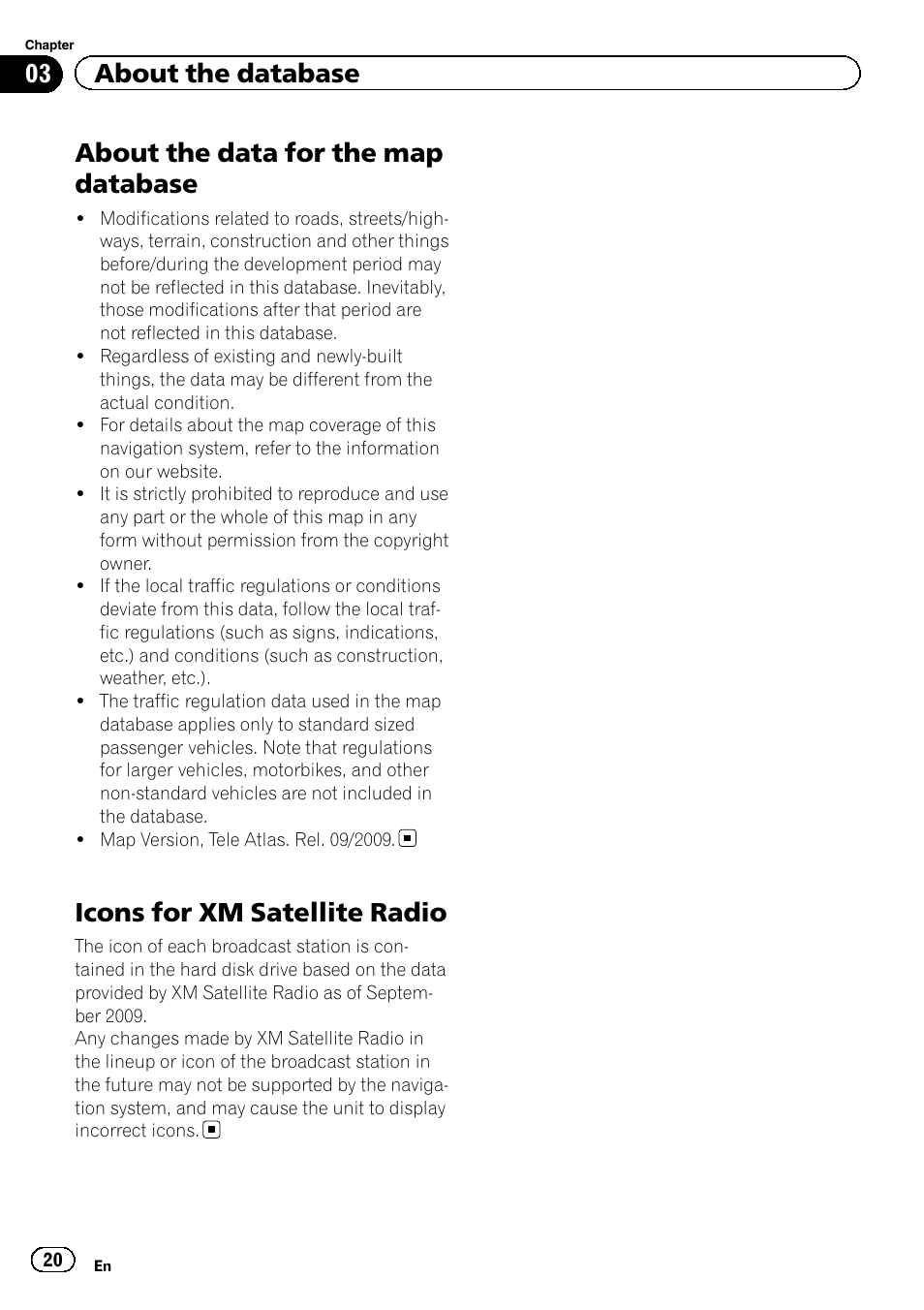 Icons for xm satellite radio, About the data for the map database, 03 about the database | Pioneer CNSD-110FM User Manual | Page 20 / 32