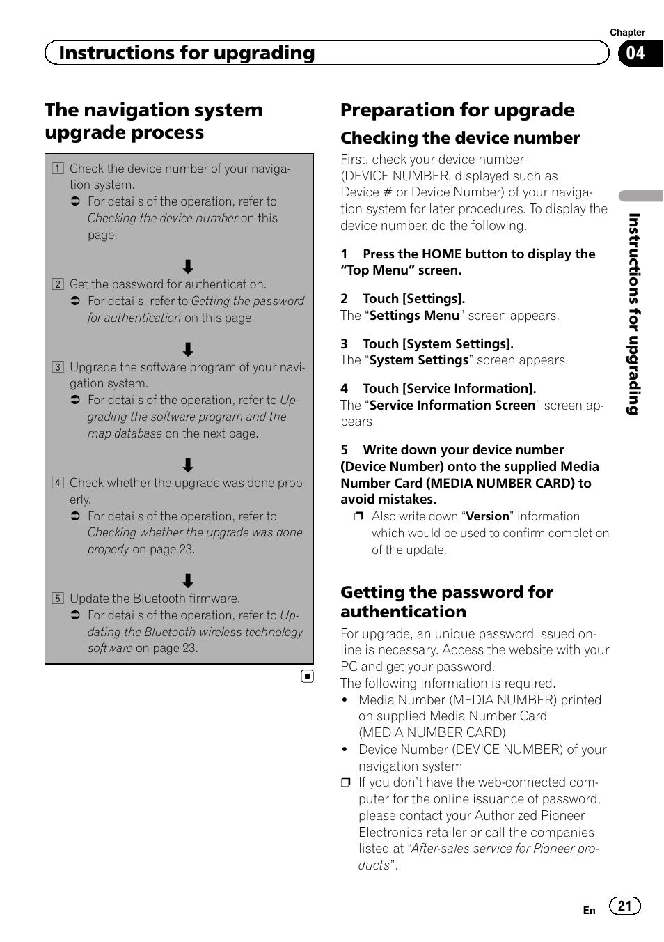 Preparation for upgrade, Checking the device number 21, Getting the password for | Authentication, The navigation system upgrade process, Instructions for upgrading, Checking the device number, Getting the password for authentication | Pioneer CNSD-110FM User Manual | Page 21 / 32