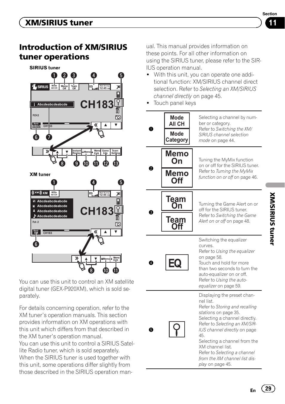 Xm/sirius tuner introduction of xm/sirius tuner, Operations, Ch183 | Team on team off, Introduction of xm/sirius tuner operations, 8a b, Xm/sirius tuner | Pioneer AVH P4300DVD User Manual | Page 29 / 108