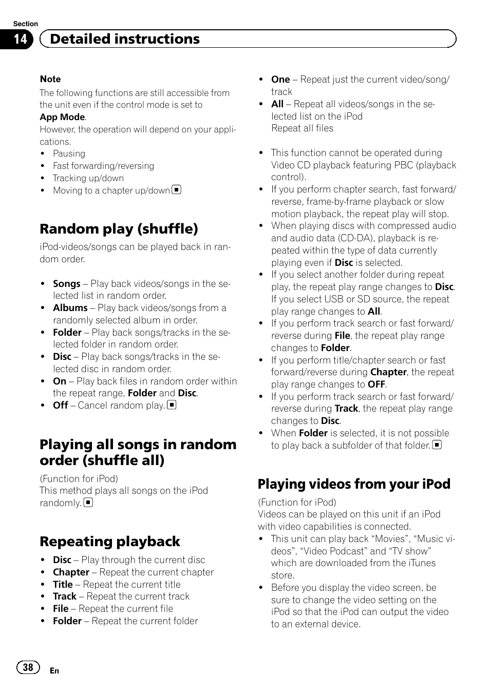 Random play (shuffle), Playing all songs in random order (shuffle, All) | Repeating playback, Playing videos from your ipod, Playing all songs in random order (shuffle all), 14 detailed instructions | Pioneer AVH P4300DVD User Manual | Page 38 / 108