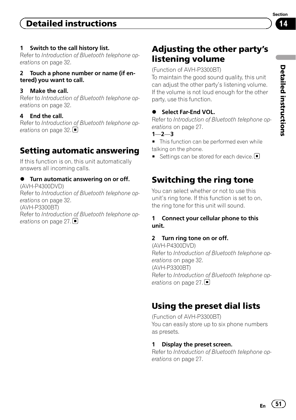 Setting automatic answering, Adjusting the other party, S listening | Volume, Switching the ring tone, Using the preset dial lists, S listening volume on, Adjusting the other party ’s listening volume, Detailed instructions | Pioneer AVH P4300DVD User Manual | Page 51 / 108