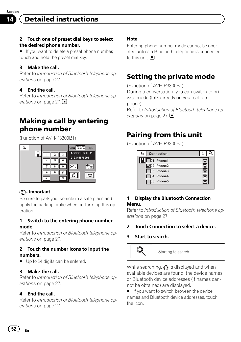 Making a call by entering phone number, Setting the private mode, Pairing from this unit | 14 detailed instructions | Pioneer AVH P4300DVD User Manual | Page 52 / 108