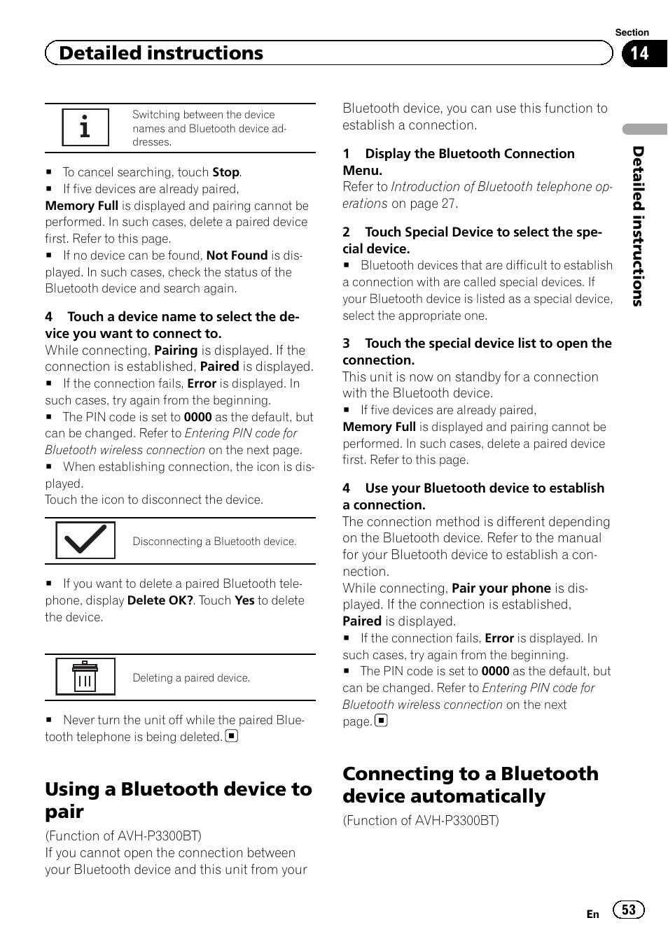 Using a bluetooth device to pair, Connecting to a bluetooth device, Automatically | Connecting to a bluetooth device automatically, Detailed instructions | Pioneer AVH P4300DVD User Manual | Page 53 / 108