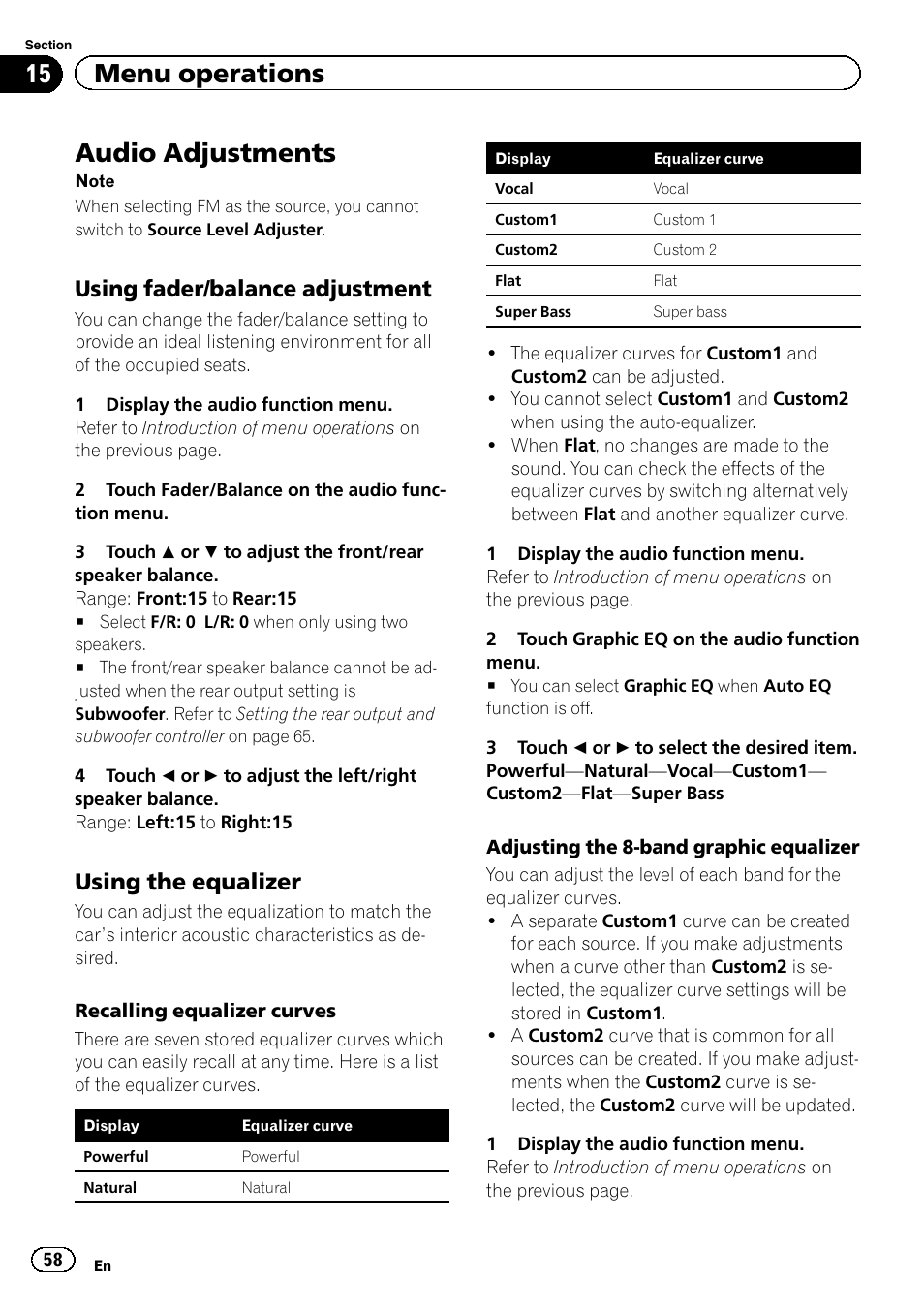Audio adjustments, 15 menu operations, Using fader/balance adjustment | Using the equalizer | Pioneer AVH P4300DVD User Manual | Page 58 / 108