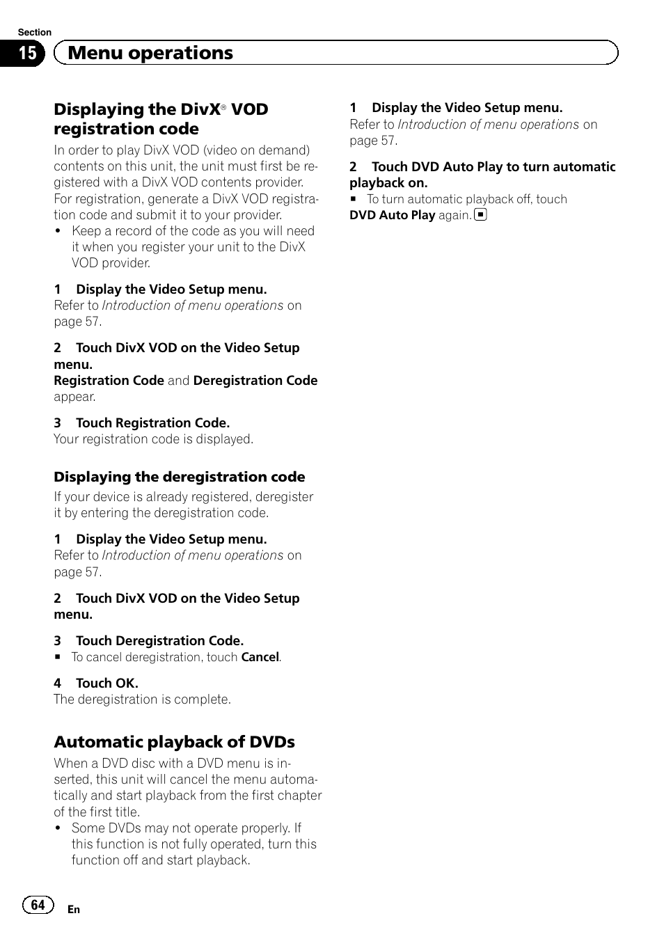 Displaying the divx, 15 menu operations, Vod registration code | Automatic playback of dvds | Pioneer AVH P4300DVD User Manual | Page 64 / 108