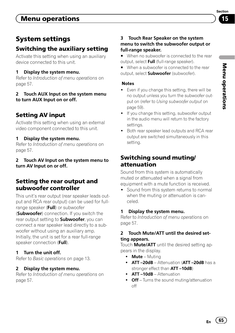 System settings, Menu operations, Switching the auxiliary setting | Setting av input, Setting the rear output and subwoofer controller, Switching sound muting/ attenuation | Pioneer AVH P4300DVD User Manual | Page 65 / 108
