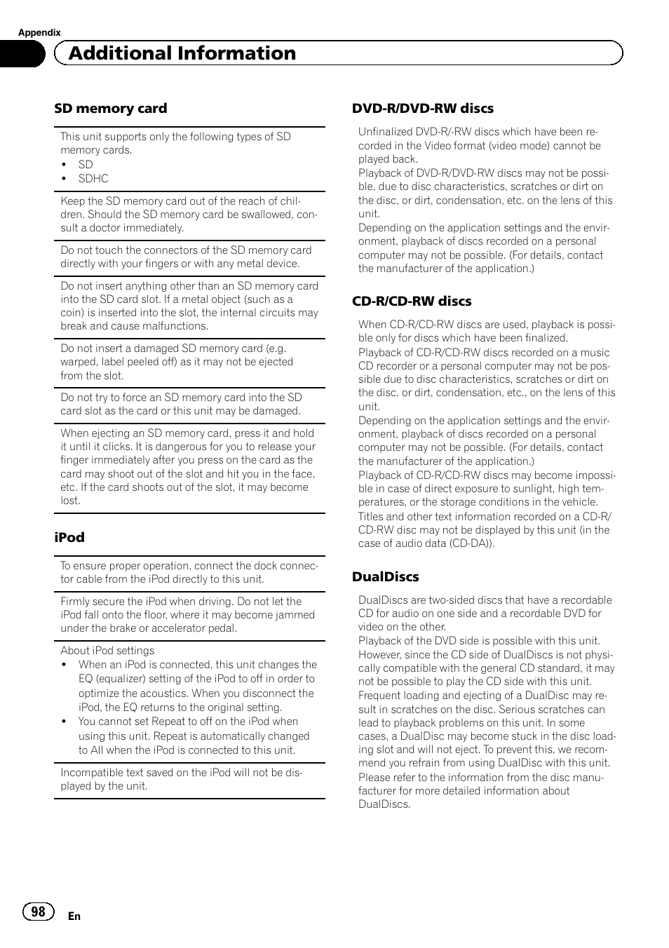Additional information | Pioneer AVH P4300DVD User Manual | Page 98 / 108