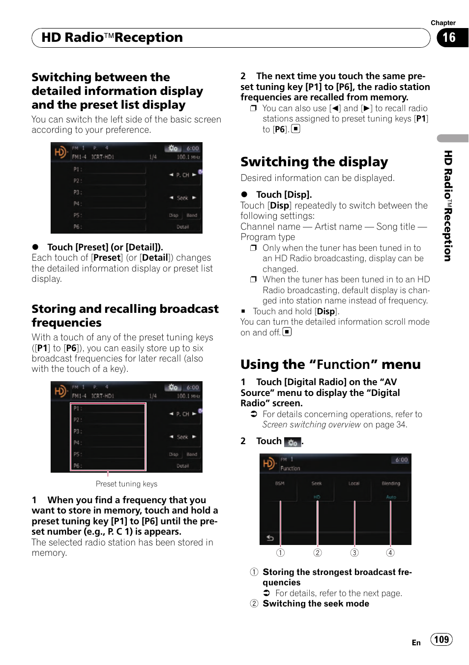 Switching between the detailed, Information display and the preset list display, Storing and recalling broadcast | Frequencies, Switching the display, Using the, Function” menu 109, Using the “function” menu, Hd radio äreception, Storing and recalling broadcast frequencies | Pioneer SUPER TUNER AVIC-Z110BT User Manual | Page 109 / 211