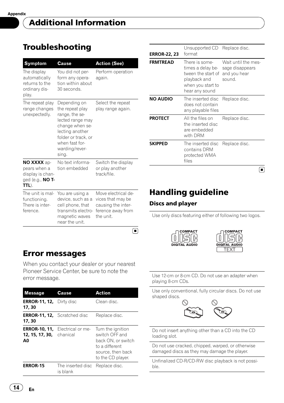 Troubleshooting, Error messages, Handling guideline | Additional information | Pioneer DEH-1200MP User Manual | Page 14 / 52